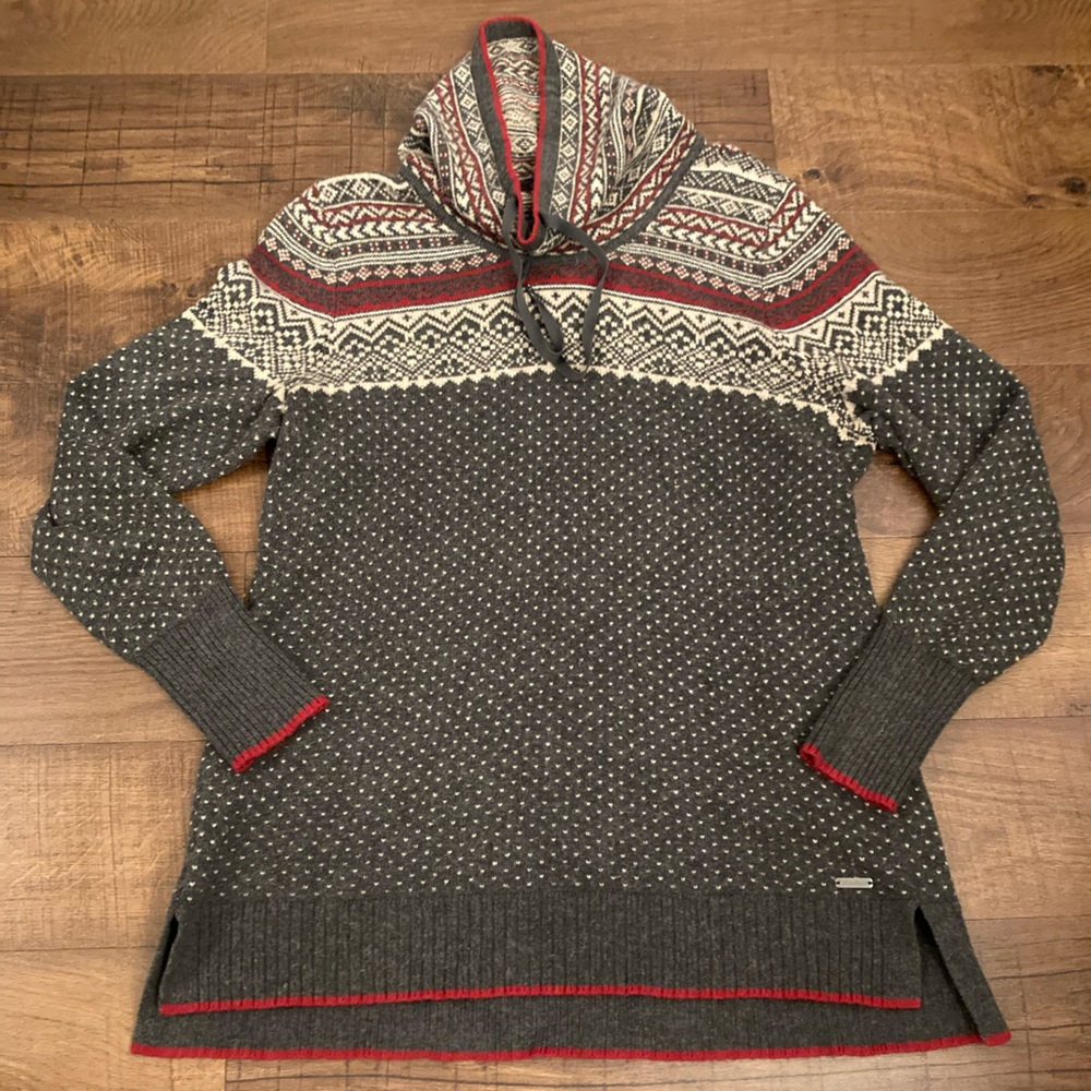 Eddie Bauer Gray Fair Isle Cotton Wool Sweater Red Cream Nordic Skiwear Size LT